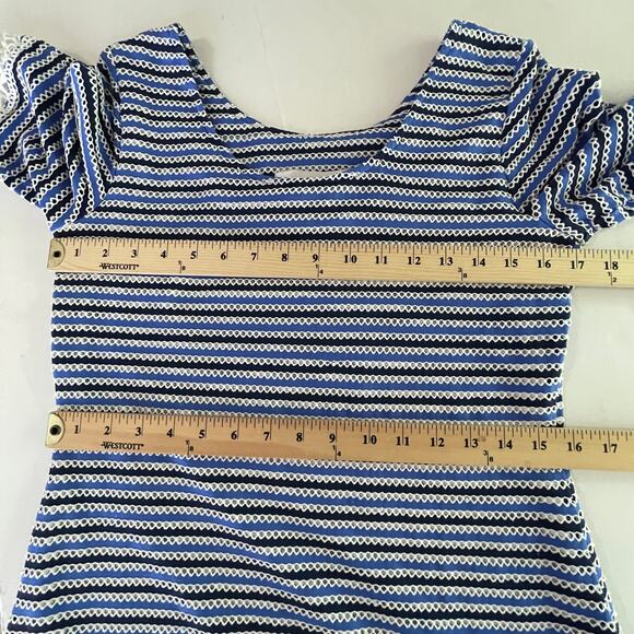Sara Campbell Striped Eyelet Fringe Dress Sz S Blue Black White Lined Scoop Neck - Picture 10 of 12